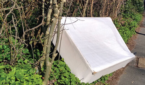 photo of discarded bed mattress at side of road