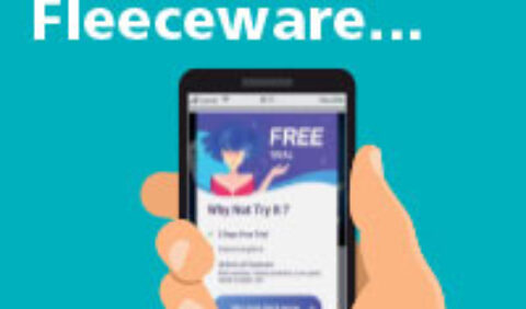 Fleeceware image showing hand holding mobile phone with free app