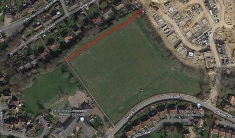 Aerial view of where the footpath will go across Harlands Playing fields